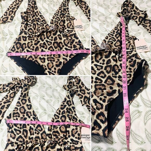 Unique Vintage Leopard Print Plunge Neck One Piece Swimsuit Bow Shoulder M NWT - Picture 13 of 13